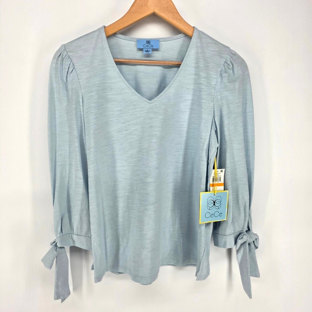 CeCe V-Neck Tie Sleeve Top Women S Bay Sky Blue Puff Shoulder 7021618 Casual